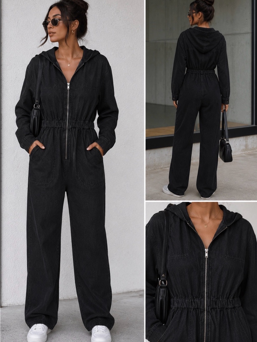 OYROSY Black Hooded Zip Jumpsuit with Elastic Waist Small NWT